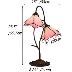 Bieye Pink Flower Tiffany lampa stołowa z witrażem, zakrzywiona szklana podstawa z podkładką liliową ​